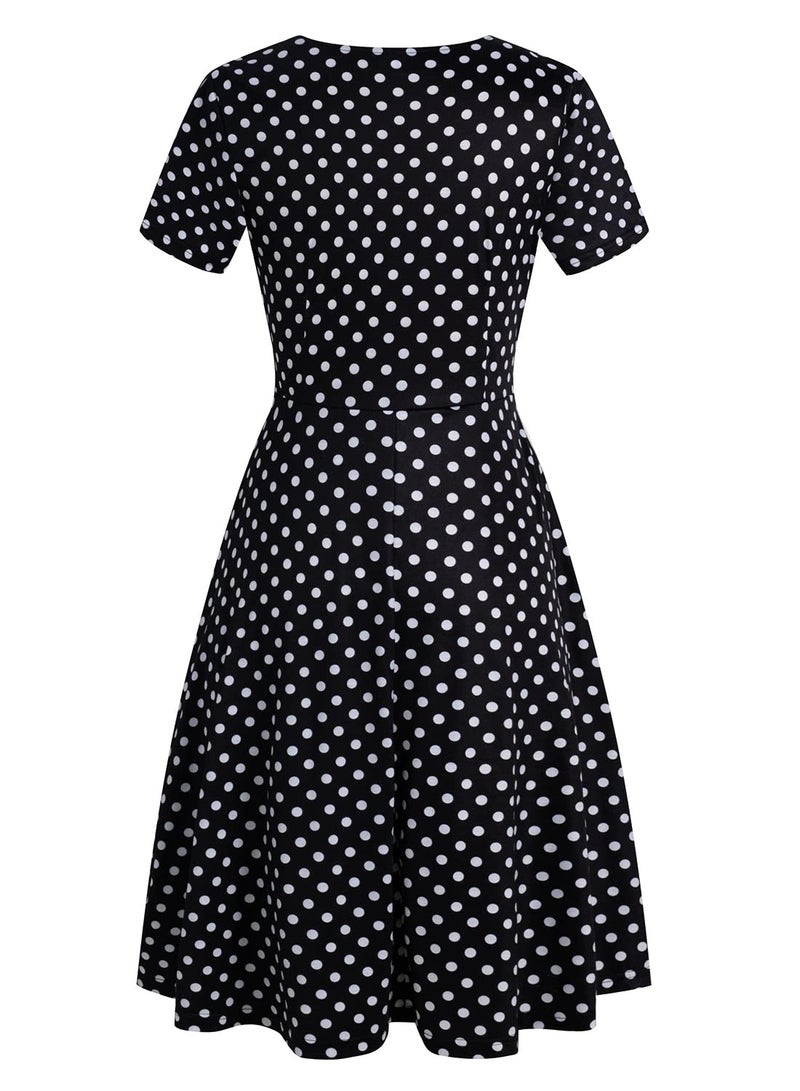 HELYO Vintage Dresses Women Short Sleeve Knee-Length Peter Pan Collar Casual Swing Wedding Party Vacation Homecoming for Junior 978 (Black Dot, M) - Image 3